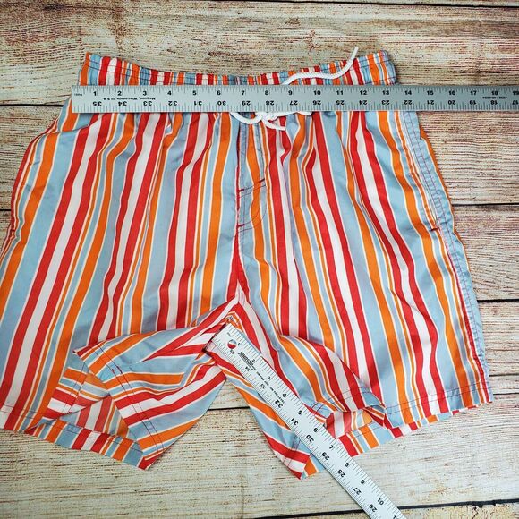 Mens Bottoms O-U-T Medium Striped Swim Trunks Striped Red Orange Men's Pockets - Picture 2 of 4